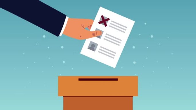 选举日民主动画用手在骨灰盒中插入投票卡