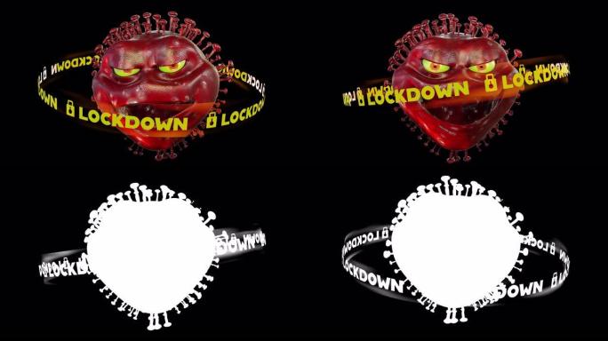冠状病毒新型冠状病毒肺炎的3d渲染动画循环场景，并在黑色背景上隔离了锁定文本横幅，最后带有亮度哑光部