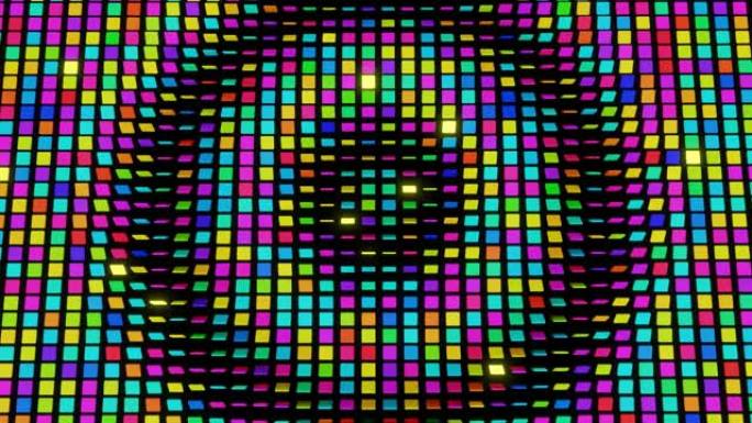 简单的几何背景，平面上的彩色盘子像霓虹灯一样闪烁，在4k中循环流畅的动画。创意丰富多彩的背景。VJ循