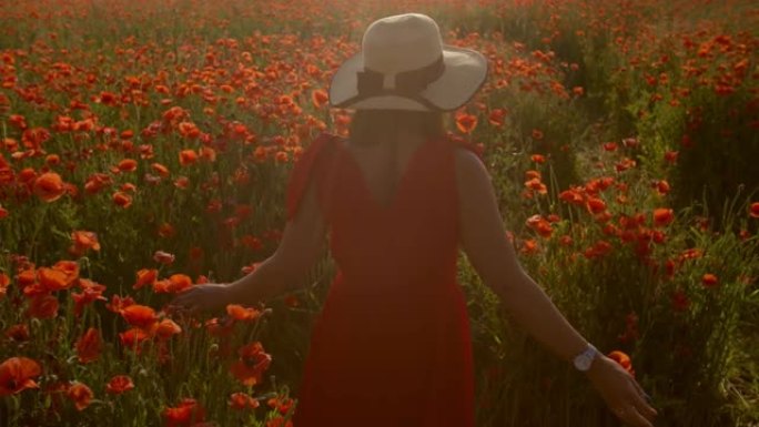 穿着红衣服戴着帽子的女士在鲜花盛开的田野里