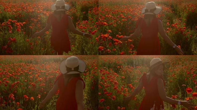 穿着红衣服戴着帽子的女士在鲜花盛开的田野里