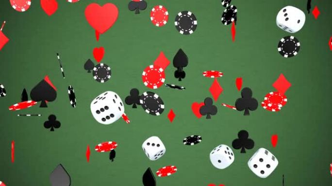 掉落赌场筹码骰子和卡片适合赌博运气风险概念-4k无缝循环运动背景动画
