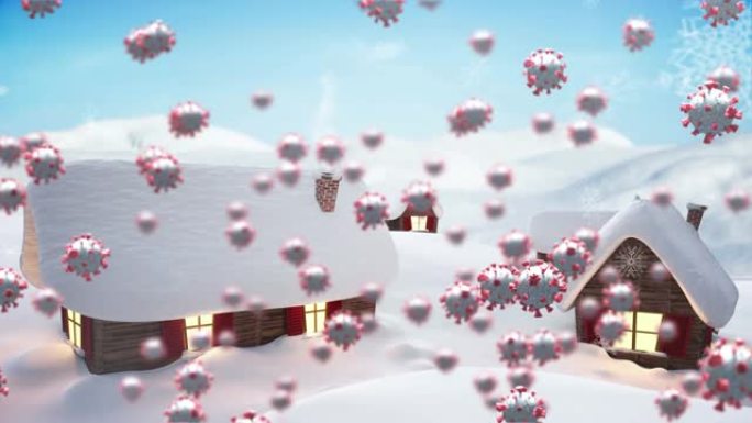 covid 19细胞在冬季风景中移动的动画，积雪覆盖的房屋和积雪