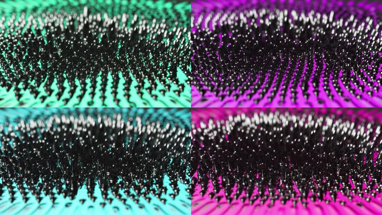 RGB颜色金属磁性铁磁流体的平滑循环，视觉效果看起来像液态金属。科幻、科学、游戏玩家和VJ背景。