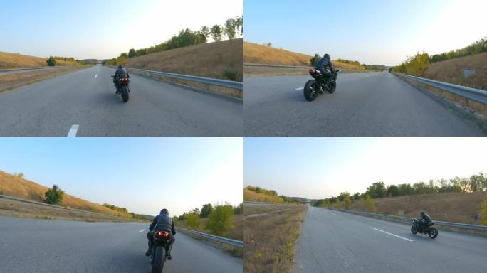 跟随摩托车手在高速公路上骑现代运动摩托车。骑自行车的人在乡间小路上骑摩托车。旅途中开车的人。旅途中自