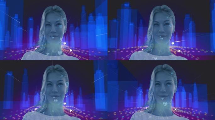 反对3D城市模型的女人肖像