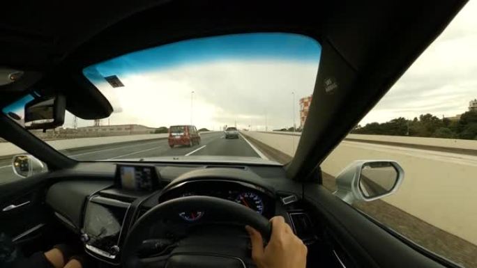公路旅行中的夫妇，在高速公路上行驶的车辆视点，驾驶员视点的宽图像视图