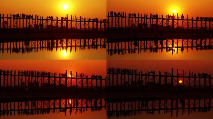 缅甸日落时分的柚木桥