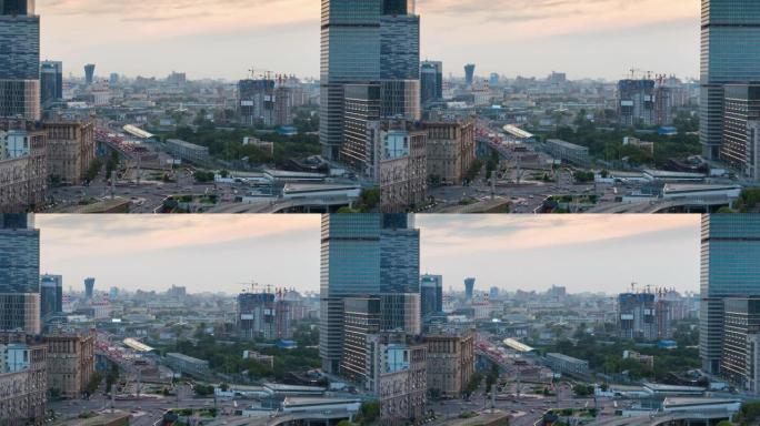 俄罗斯日落莫斯科市库图佐夫斯基交通屋顶全景4k延时
