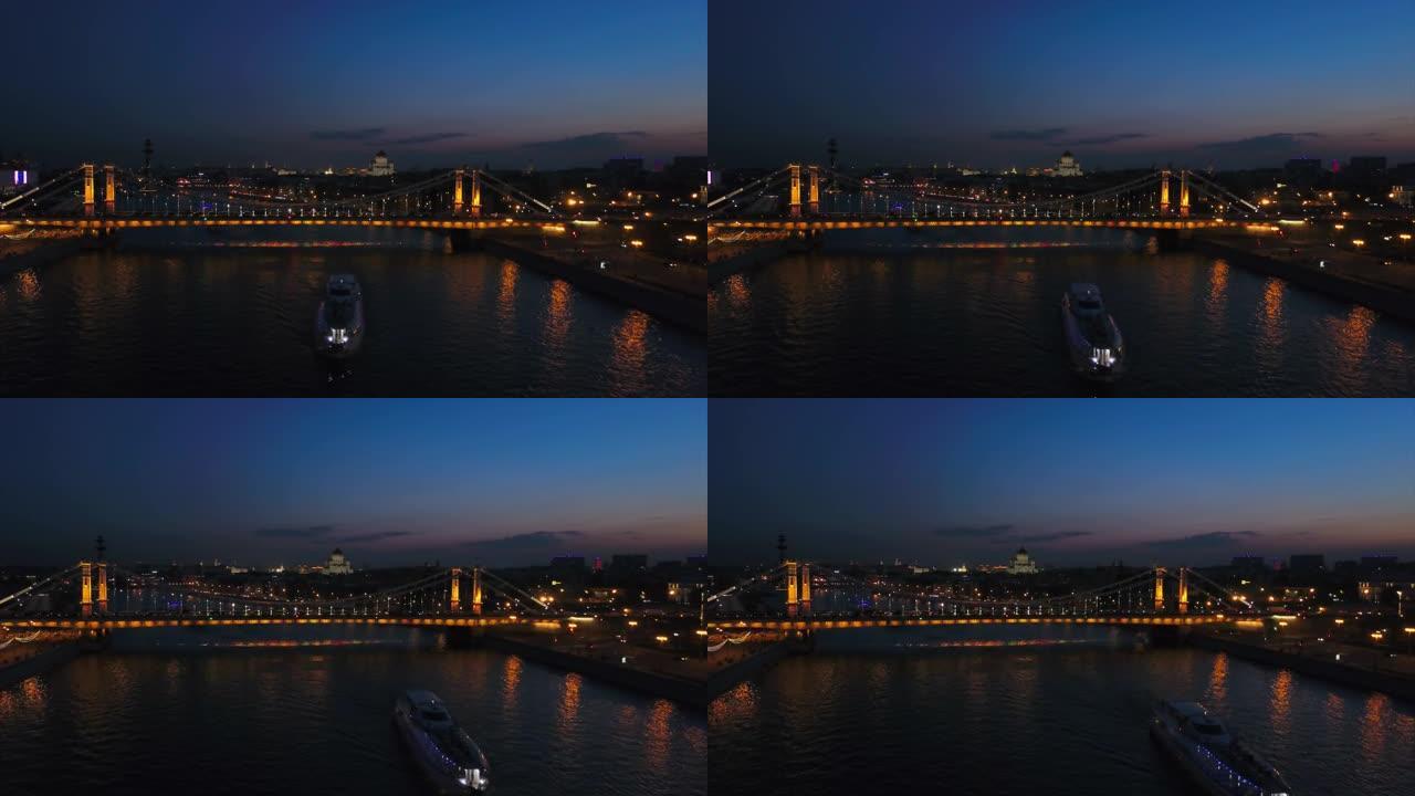 俄罗斯夜间莫斯科河船交通krymsky桥空中全景4k