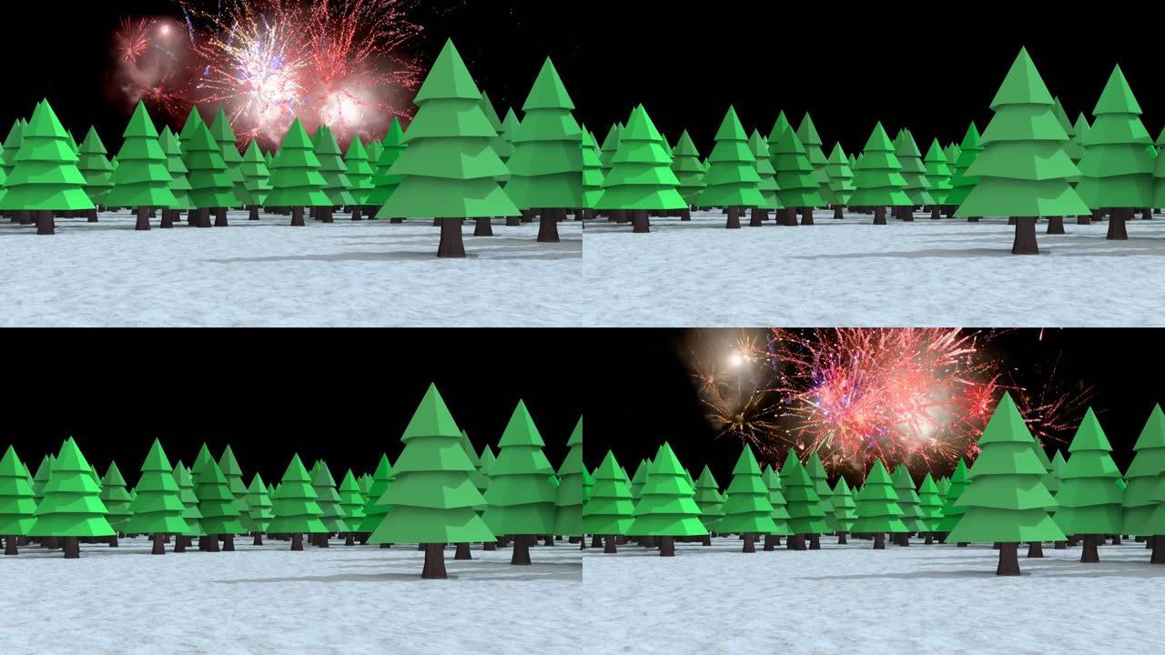 冬季树木排行的数字动画，黑色背景上的烟花爆炸
