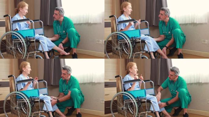 骨科医生在医院检查高级女性膝盖。医生检查轮椅上的老年妇女患者的膝盖