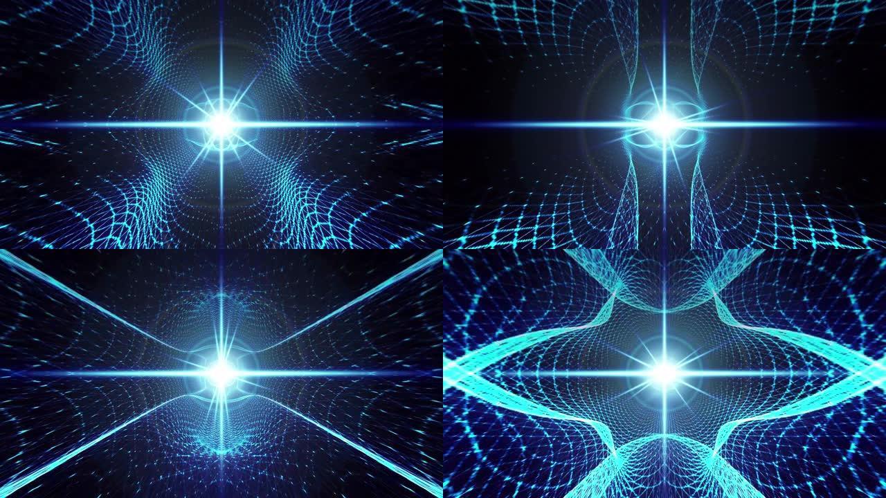 摘要用未来派矩阵线框VJ环辐射氖蓝光光学耀斑光。4K 3D渲染数字数据技术蓝色渐变线框动画概念设计
