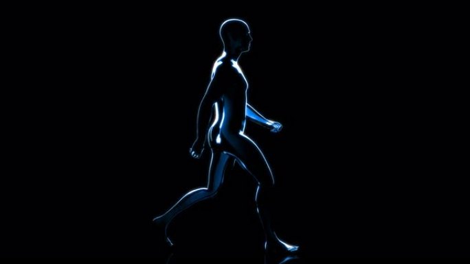 黑色背景上3D抽象数字蓝色行走人的循环侧视图