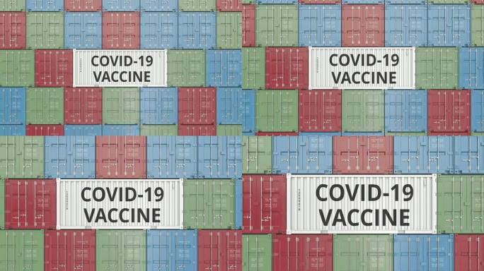 集装箱码头新型冠状病毒肺炎冠状病毒疾病疫苗的集装箱，3D动画