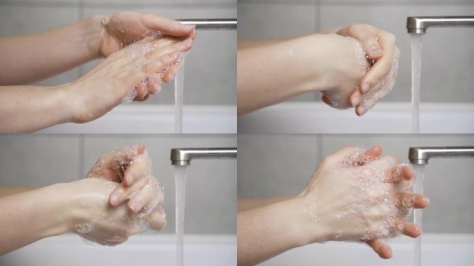 女人在家里的水槽里用大量肥皂正确洗手，不浪费水