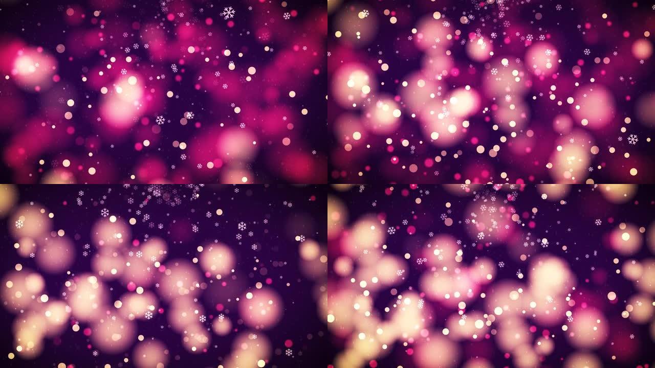 4k软紫色圣诞背景，粉色橙色雪花和博克