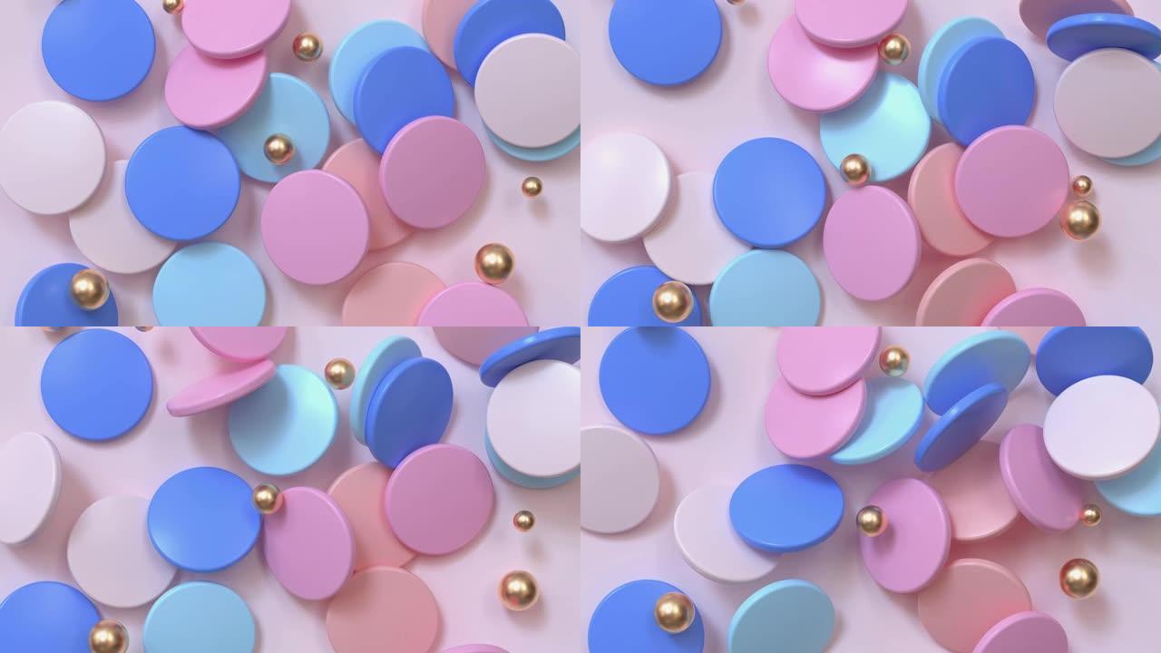 粉色蓝色扁平圆形金球组悬浮抽象运动3d渲染