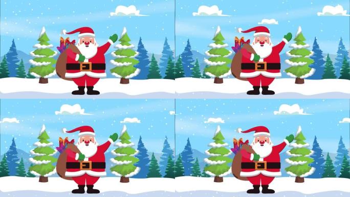 圣诞快乐动画与圣诞老人举起礼品袋