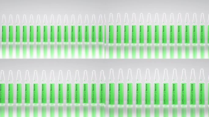 冠状病毒Covid -19疫苗安瓿。SARS-CoV-2.疫苗批处理3d渲染动画。无缝环路4k
