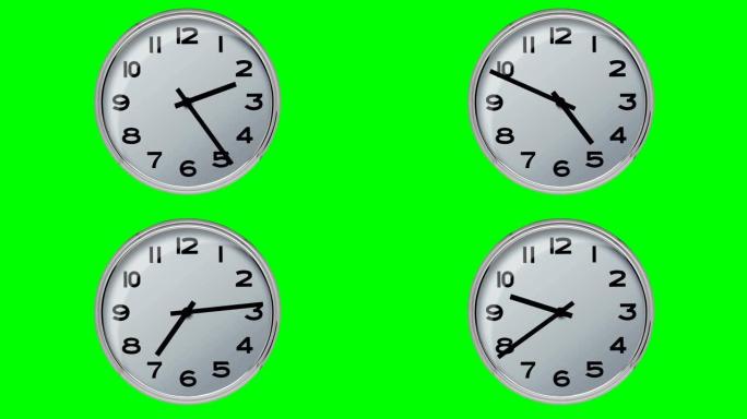 绿色背景上现代简约混凝土钟的二十四小时延时。