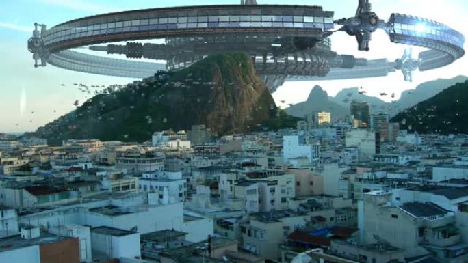 巴西里约热内卢建筑物上方的轮式不明飞行物和无人机舰队，用于未来派幻想星际旅行或战争游戏背景