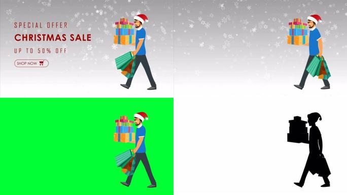圣诞老人步行自行车与礼品袋在雪花背景，循环步行动画圣诞老人