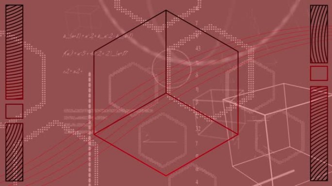 红色背景上多种几何形状的动画和科学数据处理
