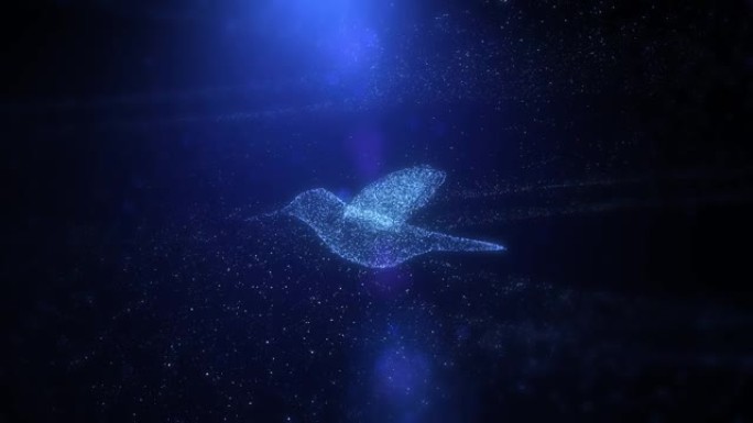 美丽的飞行蜂鸟的慢动作，发光的蓝色小鸟通过粒子飞行的数字未来3D抽象动画