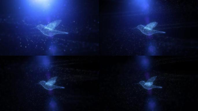 美丽的飞行蜂鸟的慢动作，发光的蓝色小鸟通过粒子飞行的数字未来3D抽象动画