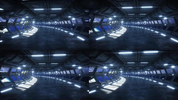 未来主义空间走廊，隧道。地球的飞行视图。电影4k动画。