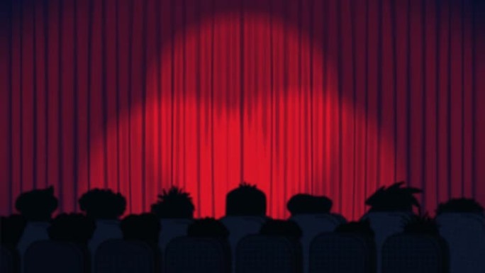 聚光灯在红色窗帘上移动的动画和蓝色背景上的电影院中的观众