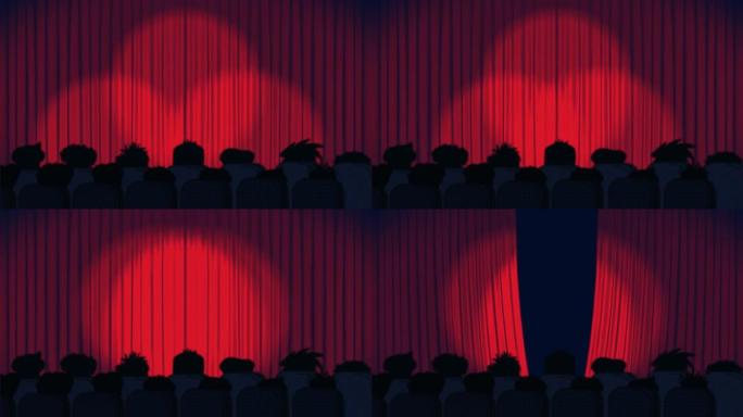 聚光灯在红色窗帘上移动的动画和蓝色背景上的电影院中的观众