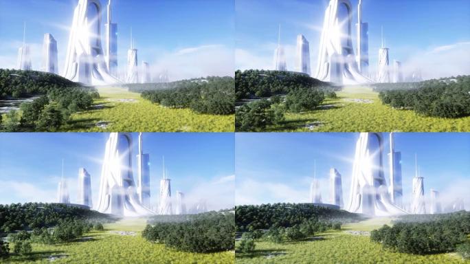 未来主义城市。未来概念。鸟瞰图。逼真的4k动画。