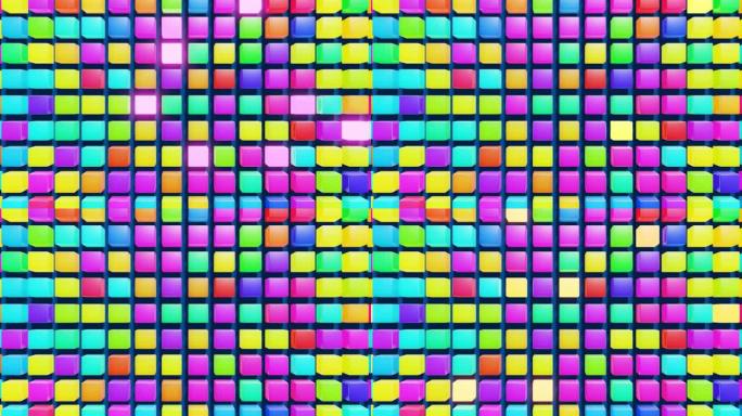 3d抽象简单的几何背景，多色立方体在4k。流畅的循环动画。平面上带有霓虹灯的随机立方体闪烁。具有3d