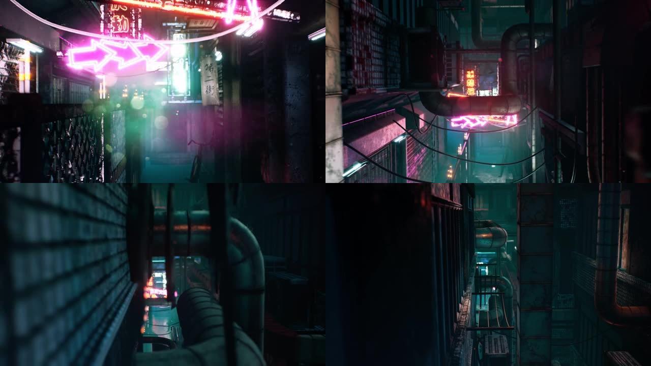 霓虹灯雾蒙蒙的荒芜街道，黑暗孤独的建筑。世界末日、神秘和科幻背景的动画。废弃的世界末日霓虹灯街的景色