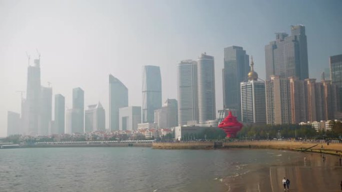 青岛市晴天市中心海湾慢动作全景4k中国