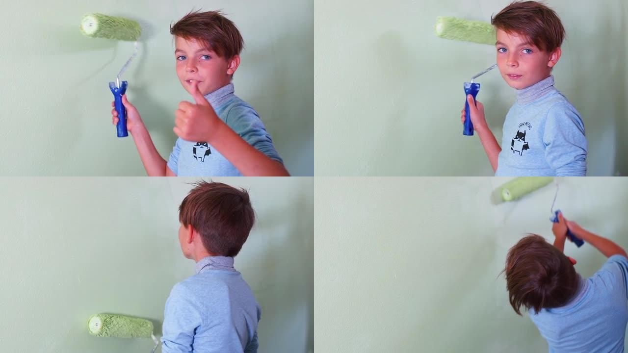 青少年表现出良好的手势，并开始用滚筒粉刷墙壁。