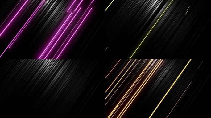 3d抽象简单的几何背景与多色矩形像细长的灯泡闪烁霓虹灯在4k飞向空中。流畅的循环动画。创意简单的运动