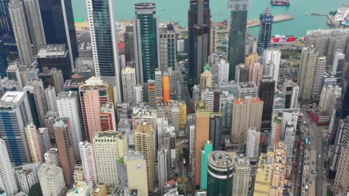 白天城市景观维多利亚港市中心空中全景4k香港