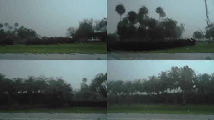 在佛罗里达州的热带风暴中，在暴雨下行驶。