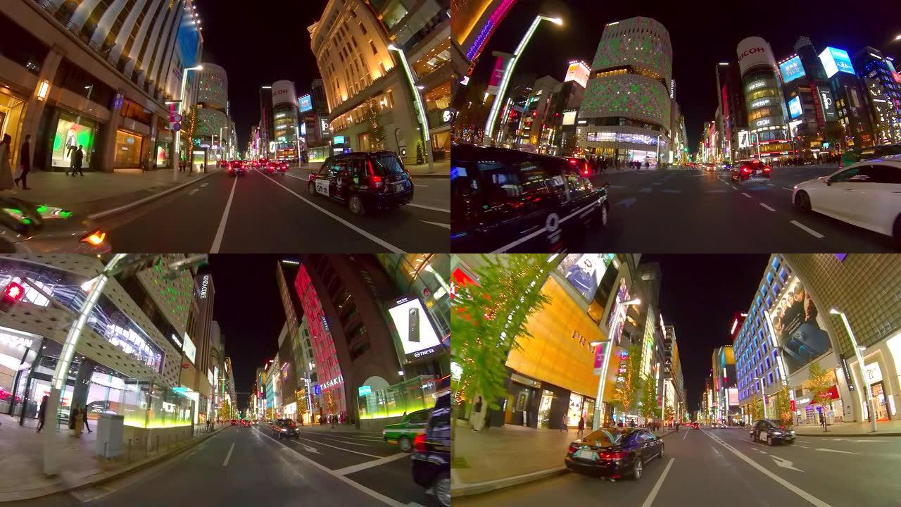 夜间驾驶银座街，日本东京