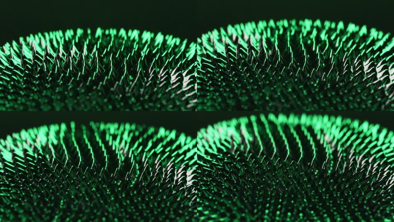 在钕磁铁的作用下，铁磁流体物质上的磁性和绿光可以产生令人印象深刻的视觉效果。VJ，科幻小说和抽象艺术