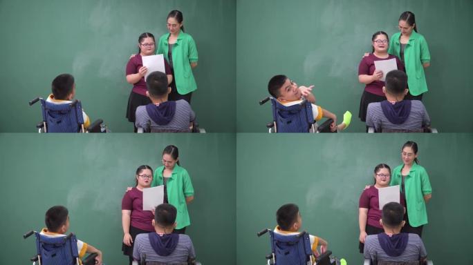 一个患有唐氏综合症的女孩坐在轮椅上向亚洲老师的朋友们练习说话、交流、展示微笑的积极情绪。学生坐在轮椅