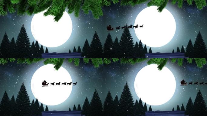 雪落在冬季景观上的数字动画和雪橇上的圣诞老人的剪影