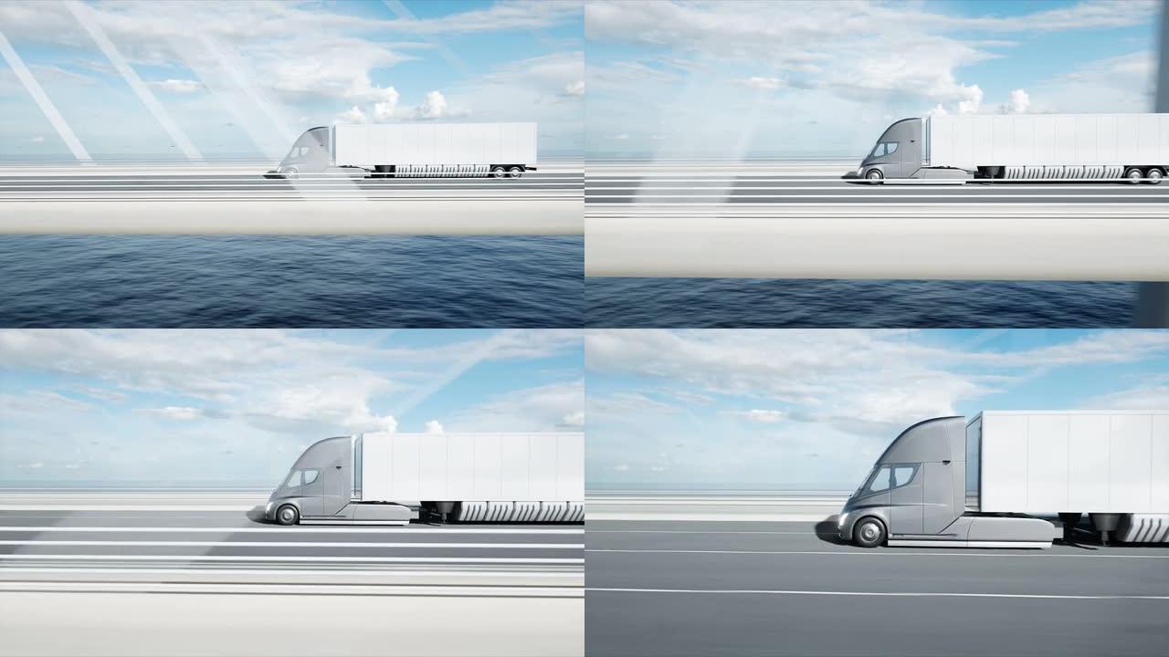 桥上未来派电动卡车的3d模型。电动汽车。逼真的4k动画。