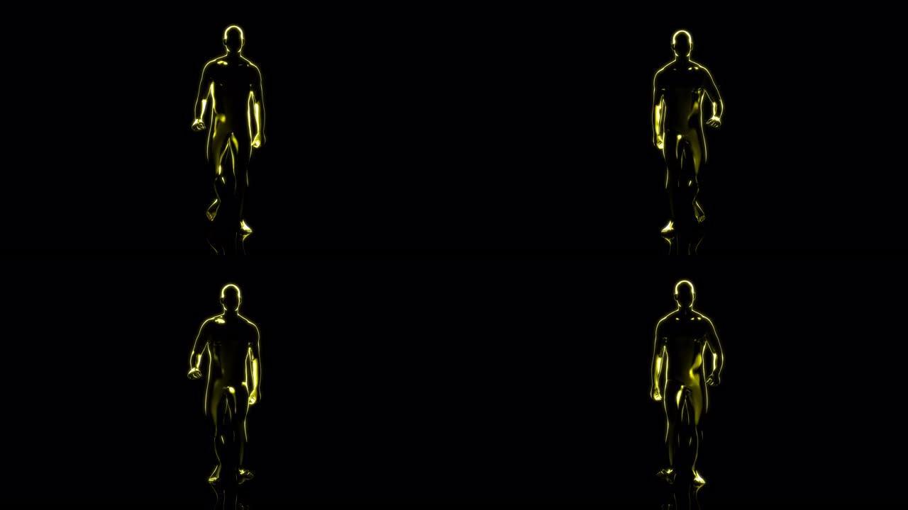 黑色背景上3D抽象数字黄色行走人的前视图