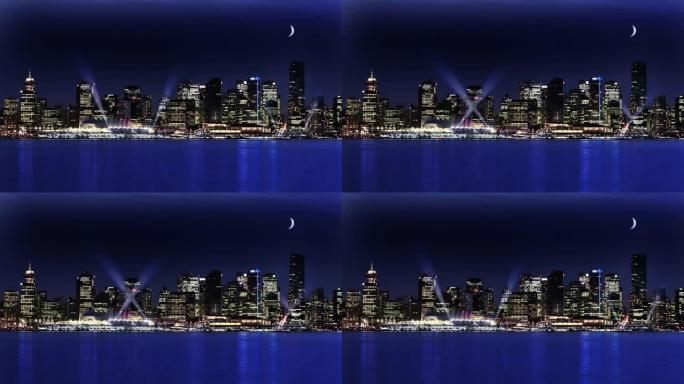 夜间泛光灯城市天际线全景。电视演播室背景。城市夜景
