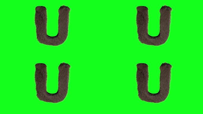 抽象多毛字母U符号蓬松毛茸茸的字母绿色屏幕色键动画3d