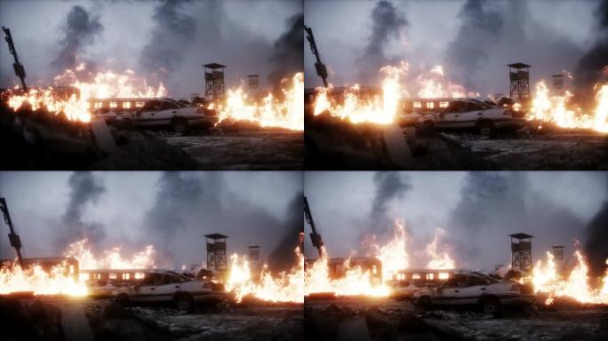 燃烧毁灭的世界末日城市。世界末日景观。逼真的火灾模拟。世界末日。4k动画。